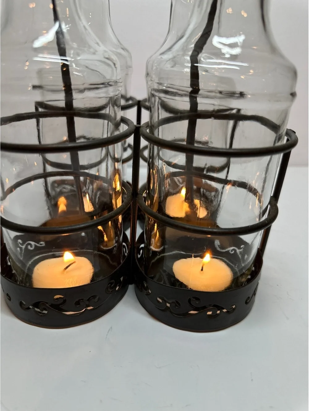 Vintage Rustic Centerpiece 4 Clear Glass Bottles Black Metal Candle Holder